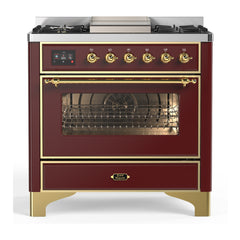 ILVE Majestic III Series 36 Inch Dual Fuel Range with 6 Sealed Burners, Griddle, Triple Glass Door — Burgundy, Brass trim, Natural Gas