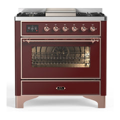 ILVE Majestic III Series 36 Inch Dual Fuel Range with 6 Sealed Burners, Griddle, Triple Glass Door — Burgundy, Copper trim, Liquid Propane