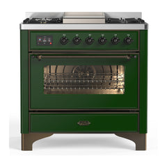 ILVE Majestic III Series 36 Inch Dual Fuel Range with 6 Sealed Burners, Griddle, Triple Glass Door — Emerald Green, Burnished trim, Liquid Propane