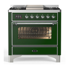 ILVE Majestic III Series 36 Inch Dual Fuel Range with 6 Sealed Burners, Griddle, Triple Glass Door — Emerald Green, Chrome trim, Liquid Propane