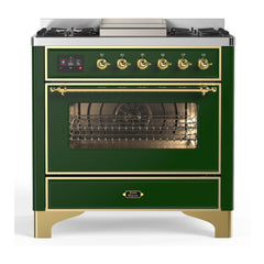 ILVE Majestic III Series 36 Inch Dual Fuel Range with 6 Sealed Burners, Griddle, Triple Glass Door — Emerald Green, Brass trim, Liquid Propane