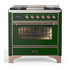 ILVE Majestic III Series 36 Inch Dual Fuel Range with 6 Sealed Burners, Griddle, Triple Glass Door — Emerald Green, Copper trim, Natural Gas