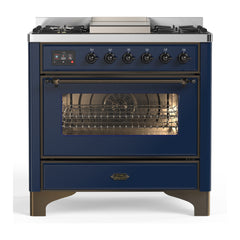 ILVE Majestic III Series 36 Inch Dual Fuel Range with 6 Sealed Burners, Griddle, Triple Glass Door — Midnight Blue, Burnished trim, Liquid Propane