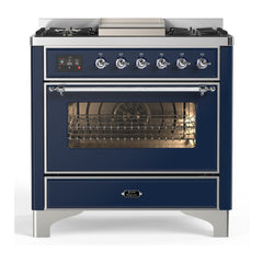 ILVE Majestic III Series 36 Inch Dual Fuel Range with 6 Sealed Burners, Griddle, Triple Glass Door — Midnight Blue, Chrome trim, Liquid Propane