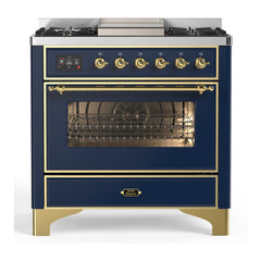 ILVE Majestic III Series 36 Inch Dual Fuel Range with 6 Sealed Burners, Griddle, Triple Glass Door — Midnight Blue, Brass trim, Natural Gas