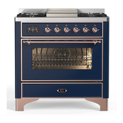 ILVE Majestic III Series 36 Inch Dual Fuel Range with 6 Sealed Burners, Griddle, Triple Glass Door — Midnight Blue, Copper trim, Natural Gas