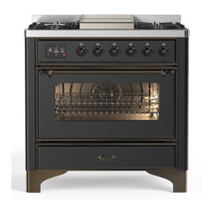 ILVE Majestic III Series 36 Inch Dual Fuel Range with 6 Sealed Burners, Griddle, Triple Glass Door — Graphite Matte, Burnished trim, Natural Gas