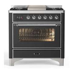 ILVE Majestic III Series 36 Inch Dual Fuel Range with 6 Sealed Burners, Griddle, Triple Glass Door — Graphite Matte, Chrome trim, Natural Gas