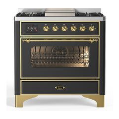 ILVE Majestic III Series 36 Inch Dual Fuel Range with 6 Sealed Burners, Griddle, Triple Glass Door — Graphite Matte, Brass trim, Liquid Propane