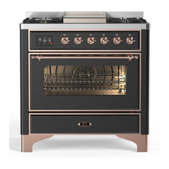 ILVE Majestic III Series 36 Inch Dual Fuel Range with 6 Sealed Burners, Griddle, Triple Glass Door — Graphite Matte, Copper trim, Liquid Propane