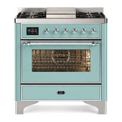 ILVE Majestic III Series 36 Inch Dual Fuel Range with 6 Sealed Burners, Griddle, Triple Glass Door — Mediterranean Mint, Chrome trim, Liquid Propane
