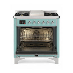 ILVE Majestic III 36 Inch Dual Fuel Range with 6 Black Brass Burners and Griddle, Dual Function Burner up to 25,000 BTU (Triple Glass, Mediterranean Mint, Chrome, Natural Gas) - UM36FNR3MMC