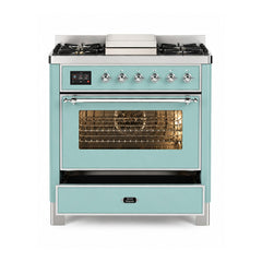 ILVE Majestic III 36 Inch Dual Fuel Range with 6 Black Brass Burners and Griddle, Dual Function Burner up to 25,000 BTU (Triple Glass, Mediterranean Mint, Chrome, Natural Gas) - UM36FNR3MMC