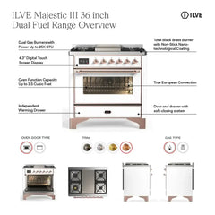 ILVE Majestic III 36 Inch Dual Fuel Range with 6 Black Brass Burners and Griddle, Dual Function Burner up to 25,000 BTU (Triple Glass, Mediterranean Mint, Chrome, Natural Gas) - UM36FNR3MMC