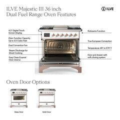 ILVE Majestic III 36 Inch Dual Fuel Range with 6 Black Brass Burners and Griddle, Dual Function Burner up to 25,000 BTU (Triple Glass, Mediterranean Mint, Chrome, Natural Gas) - UM36FNR3MMC