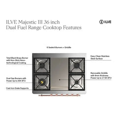 ILVE Majestic III 36 Inch Dual Fuel Range with 6 Black Brass Burners and Griddle, Dual Function Burner up to 25,000 BTU (Triple Glass, Mediterranean Mint, Chrome, Natural Gas) - UM36FNR3MMC