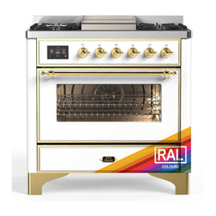 ILVE Majestic III Series 36 Inch Dual Fuel Range with 6 Sealed Burners, Griddle, Triple Glass Door — RAL, Brass trim, Natural Gas