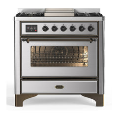 ILVE Majestic III Series 36 Inch Dual Fuel Range with 6 Sealed Burners, Griddle, Triple Glass Door — Stainless Steel, Burnished trim, Liquid Propane
