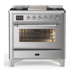 ILVE Majestic III Series 36 Inch Dual Fuel Range with 6 Sealed Burners, Griddle, Triple Glass Door — Stainless Steel, Chrome trim, Natural Gas