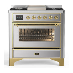ILVE Majestic III Series 36 Inch Dual Fuel Range with 6 Sealed Burners, Griddle, Triple Glass Door — Stainless Steel, Brass trim, Natural Gas