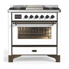 ILVE Majestic III Series 36 Inch Dual Fuel Range with 6 Sealed Burners, Griddle, Triple Glass Door — White, Burnished trim, Liquid Propane