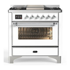ILVE Majestic III Series 36 Inch Dual Fuel Range with 6 Sealed Burners, Griddle, Triple Glass Door — White, Chrome trim, Natural Gas