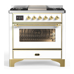 ILVE Majestic III Series 36 Inch Dual Fuel Range with 6 Sealed Burners, Griddle, Triple Glass Door — White, Brass trim, Natural Gas