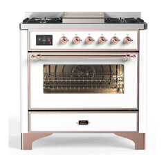 ILVE Majestic III Series 36 Inch Dual Fuel Range with 6 Sealed Burners, Griddle, Triple Glass Door — White, Copper trim, Natural Gas