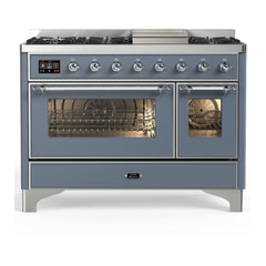 ILVE Majestic III 48 inch Dual Fuel Range with 8 Burners and Griddle, Dual Function Burner up to 25,000 BTU Natural Gas, Triple Glass Door - UM48FNR3AWB