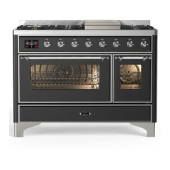ILVE Majestic III 48 inch Dual Fuel Range with 8 Burners and Griddle, Dual Function Burner up to 25,000 BTU Natural Gas, Triple Glass Door - UM48FNR3AWB
