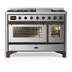 ILVE Majestic III 48 inch Dual Fuel Range with 8 Burners and Griddle, Dual Function Burner up to 25,000 BTU Natural Gas, Triple Glass Door - UM48FNR3AWB