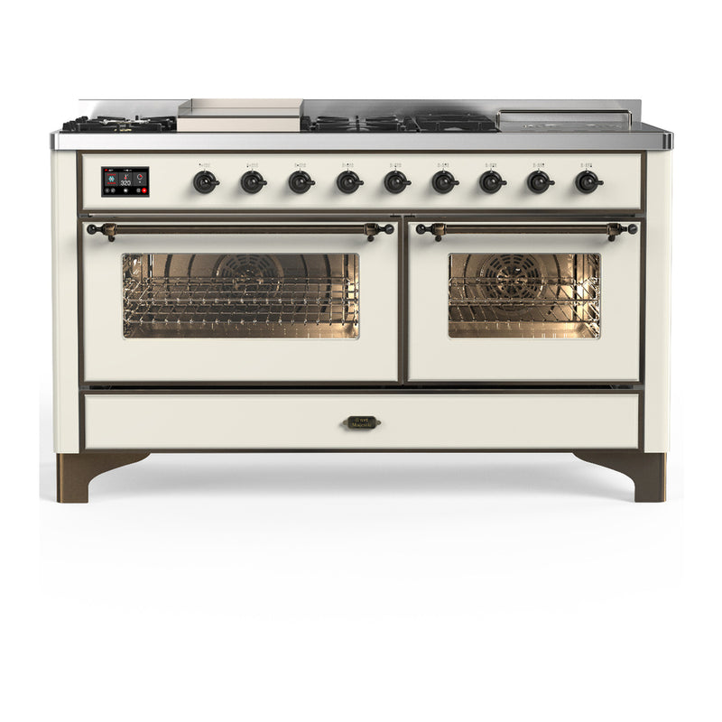 ILVE Majestic III 60 inch Dual Fuel Range with 7 Burners, Griddle and French Top, Dual Function Burner with up to 25,000 BTU  Triple Glass Door - UM60FSNR3