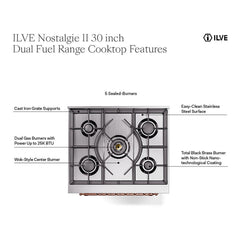 ILVE Nostalgie II Noblesse 30 inch Triple Glass Door Dual Fuel Range with 5 Burners - UN30NMP