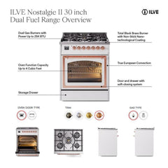 ILVE Nostalgie II Noblesse 30 inch Triple Glass Door Dual Fuel Range with 5 Burners - UN30NMP