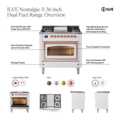 ILVE Nostalgie II Noblesse 30 inch Triple Glass Door Dual Fuel Range with 5 Burners - UN30NMP