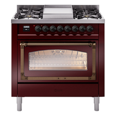 ILVE Nostalgie II Noblesse 36 inch Dual Fuel Range with 6 Burners and Griddle ,Triple Glass Door - UN36FNM