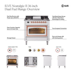 ILVE Nostalgie II Noblesse 36 inch Dual Fuel Range with 6 Burners and Griddle ,Triple Glass Door - UN36FNM