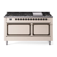 ILVE Nostalgie II Noblesse 60″ Dual Fuel Range 9 Sealed Burners + Griddle, Solid Door - UN60FQNMP