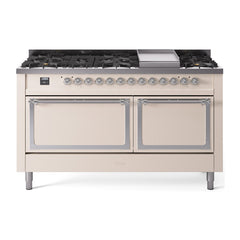 ILVE Nostalgie II Noblesse 60″ Dual Fuel Range 9 Sealed Burners + Griddle, Solid Door - UN60FQNMP