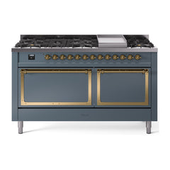 ILVE Nostalgie II Noblesse 60″ Dual Fuel Range 9 Sealed Burners + Griddle, Solid Door - UN60FQNMP
