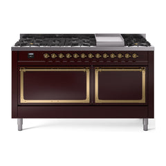 ILVE Nostalgie II Noblesse 60″ Dual Fuel Range 9 Sealed Burners + Griddle, Solid Door - UN60FQNMP
