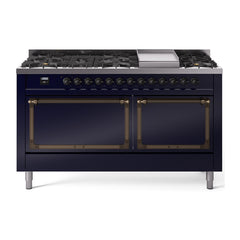 ILVE Nostalgie II Noblesse 60″ Dual Fuel Range 9 Sealed Burners + Griddle, Solid Door - UN60FQNMP