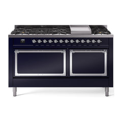 ILVE Nostalgie II Noblesse 60″ Dual Fuel Range 9 Sealed Burners + Griddle, Solid Door - UN60FQNMP