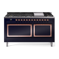 ILVE Nostalgie II Noblesse 60″ Dual Fuel Range 9 Sealed Burners + Griddle, Solid Door - UN60FQNMP