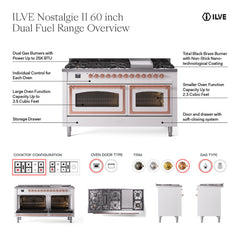 ILVE Nostalgie II Noblesse 60″ Dual Fuel Range 9 Sealed Burners + Griddle, Solid Door - UN60FQNMP