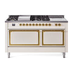 ILVE Nostalgie II Noblesse 60 inch Dual Fuel Range 7 Sealed Burners + Griddle + French Top Solid Door - UN60FSQNMP