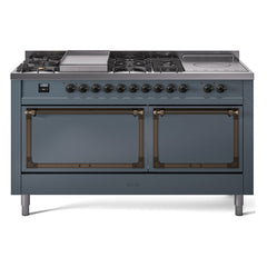ILVE Nostalgie II Noblesse 60 inch Dual Fuel Range 7 Sealed Burners + Griddle + French Top Solid Door - UN60FSQNMP