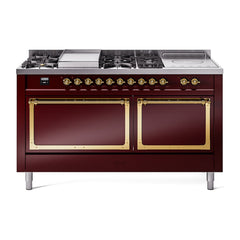 ILVE Nostalgie II Noblesse 60 inch Dual Fuel Range 7 Sealed Burners + Griddle + French Top Solid Door - UN60FSQNMP