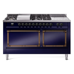 ILVE Nostalgie II Noblesse 60 inch Dual Fuel Range 7 Sealed Burners + Griddle + French Top Solid Door - UN60FSQNMP