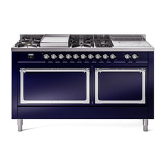 ILVE Nostalgie II Noblesse 60 inch Dual Fuel Range 7 Sealed Burners + Griddle + French Top Solid Door - UN60FSQNMP